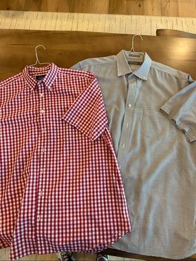 2 Men's Short-Sleeve Button-Down Shirt - Red Gingham and Gray print